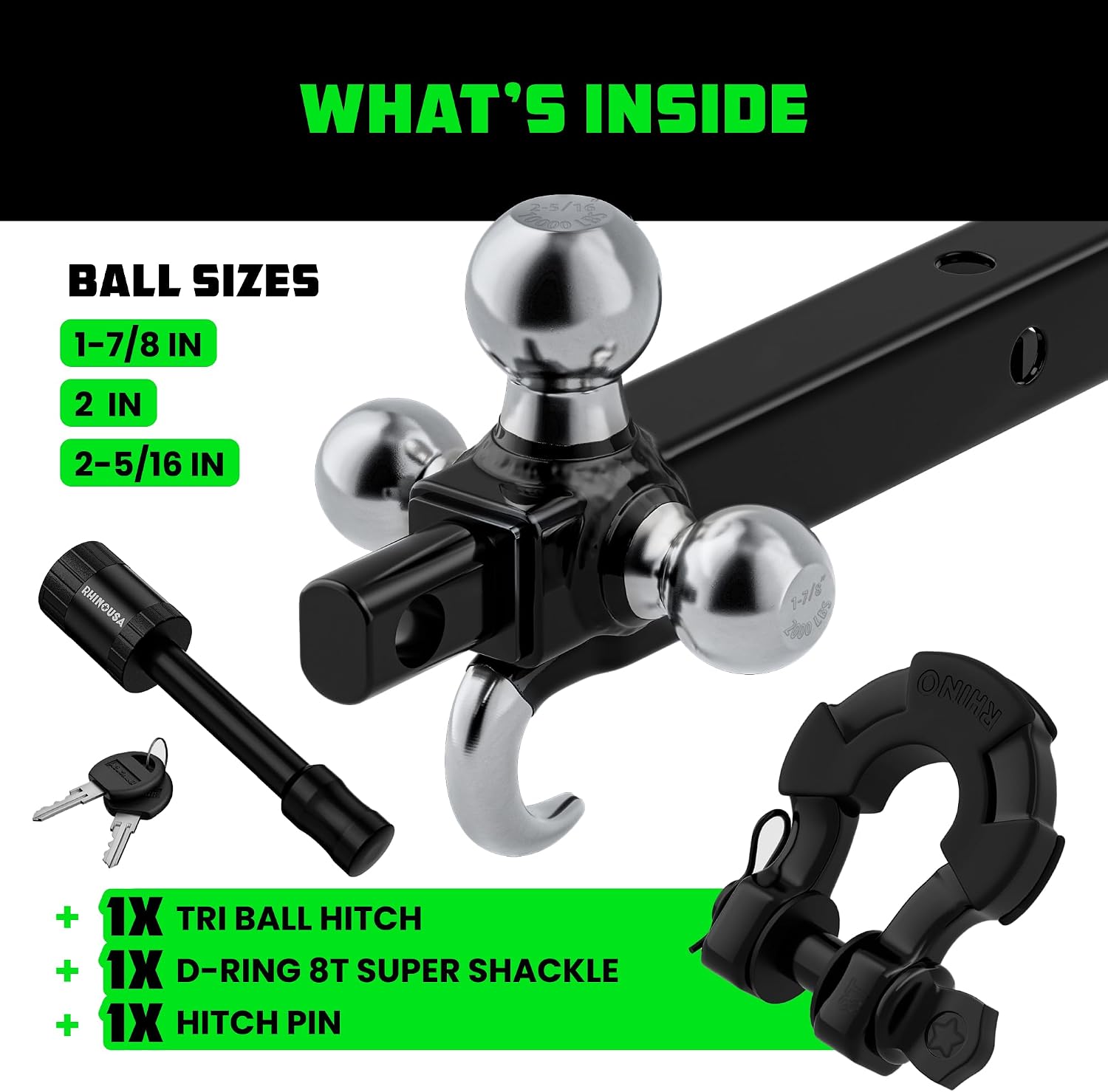 Rhino USA Trailer Hitch Tri-Ball Mount with Hook & Shackle - 2in Receiver