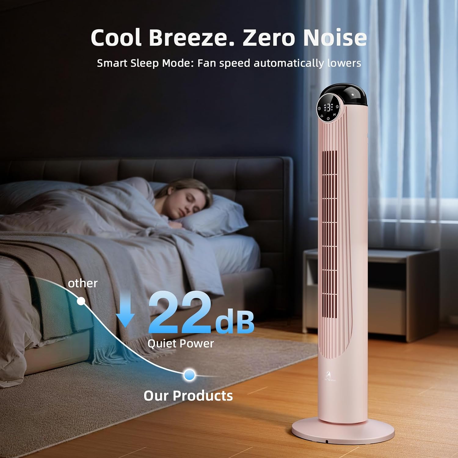 Antarctic Star T42 Tower Fan, 42 Inch DC Brushless Motor Bladeless Oscillating Fan with Remote, 6 Speeds & 4 Modes,LED Display, 9H Timer, Quiet Floor Standing Fan for Bedroom Living Room Office, Pink
