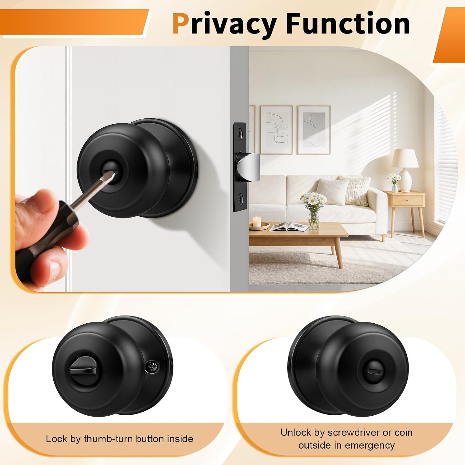 Probrico Black Door Knob 7 Pack, Interior Bedroom Doorknob with Lock, Keyless Door Handles with Inside Privacy Locking Function, Colonial Ball Knob, Universible Levers