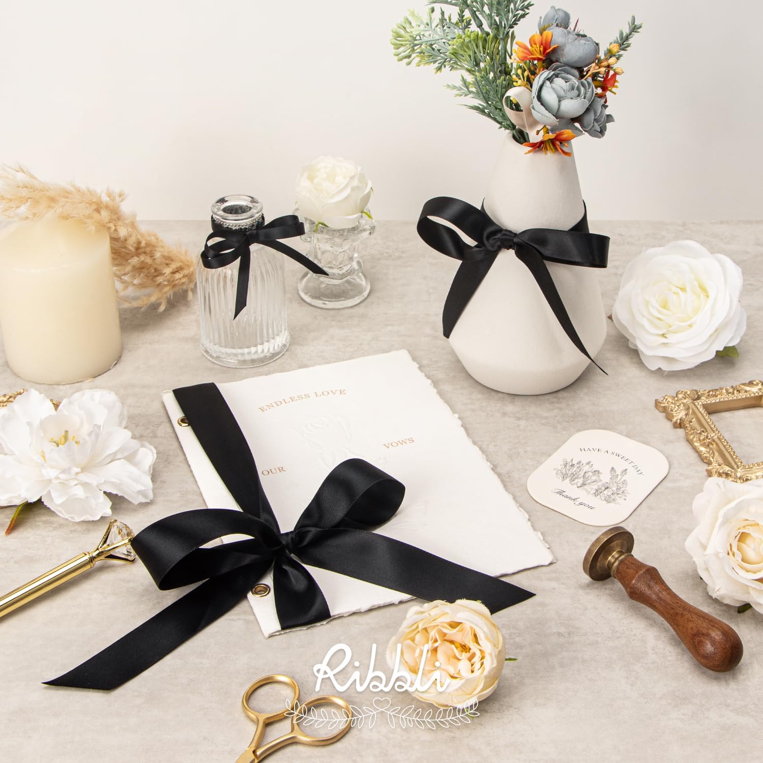 Ribbli 3 Rolls Double Faced Solid Satin Black Craft Ribbon,Total 30 Yards,(1/4 Inch x 10-Yard,5/8 Inch x 10-Yard,1 Inch x 10-Yard),Use for Bows Bouquet,Gift Wrapping