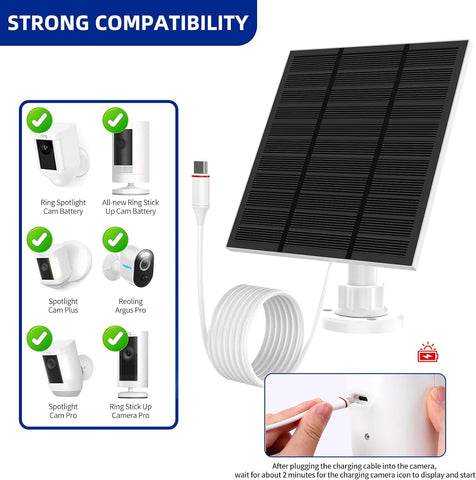 Solar Panel for Ring Camera Outdoor (New Gen-Works Even on Cloudy/Rain) 5w 5V Solar Panel Charger with USB-C&DC for Spotlight Cam Plus&Stick Up Cam Pro.IP65 Waterproof 360°Adjustable 10FT Cable