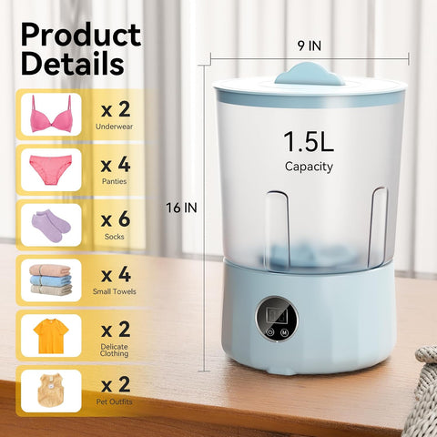 1.5L Underwear Washing Machine, Rechargeable Portable Mini Washer with 3 Cleaning Modes for Personal Laundry, Underwear, Socks, Small Clothes, Compact for Dorm, Apartment, Travel, Blue
