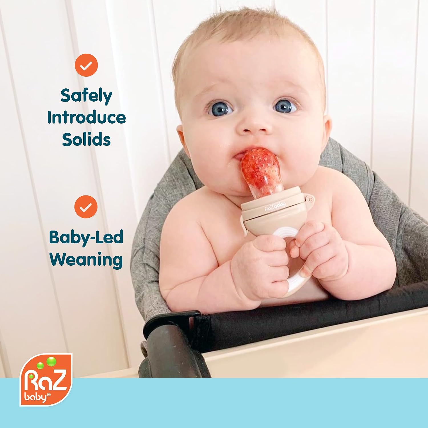 RaZbaby Baby Solids/Frozen Fruit Feeder Pacifier, Infant Teether Toy 6M+, BPA-Free Silicone Pouch & Nipple, Safely Introduce Solids, Natural Teething Relief, Dishwasher Safe, Freezable – Orange/Blue