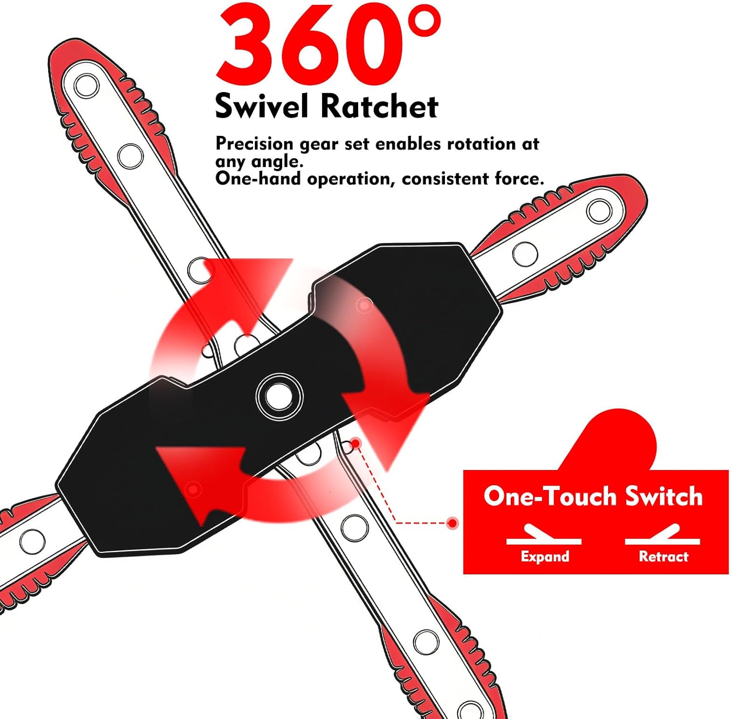 Brake Caliper Compression Tool, 360° Ratcheting Piston Compressor, 2 Steel Plates, 2 Hooks, for Single Twin Quad Pistons, Cars Trucks SUVs