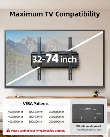 USX MOUNT TV Wall Mount for 32-74 inch Flat Screen/LED/4K up to 110lbs, Full Motion TV Mount Bracket with Swivel & Tilt Articulating Dual Arms, Max VESA 400x400mm, Fits 12/16" Wood Studs