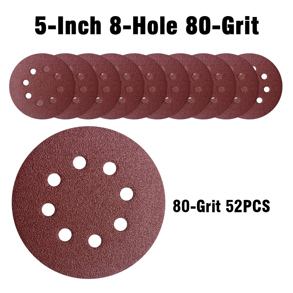 52 Pack 5 Inch 8-Hole Hook and Loop Sanding Discs Sandpaper Red Round 80 Grit Sandpaper for Random Orbital Sander