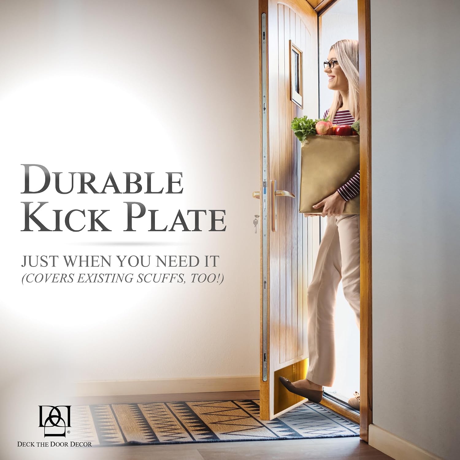 Deck the Door Decor | Door Kick Plate - Anodized Aluminum – Screw Mount – Satin Black, Satin Nickel, Shiny Brass & Oil Rubbed Bronze Finish – Many Sizes (8x34", Shiny Brass)