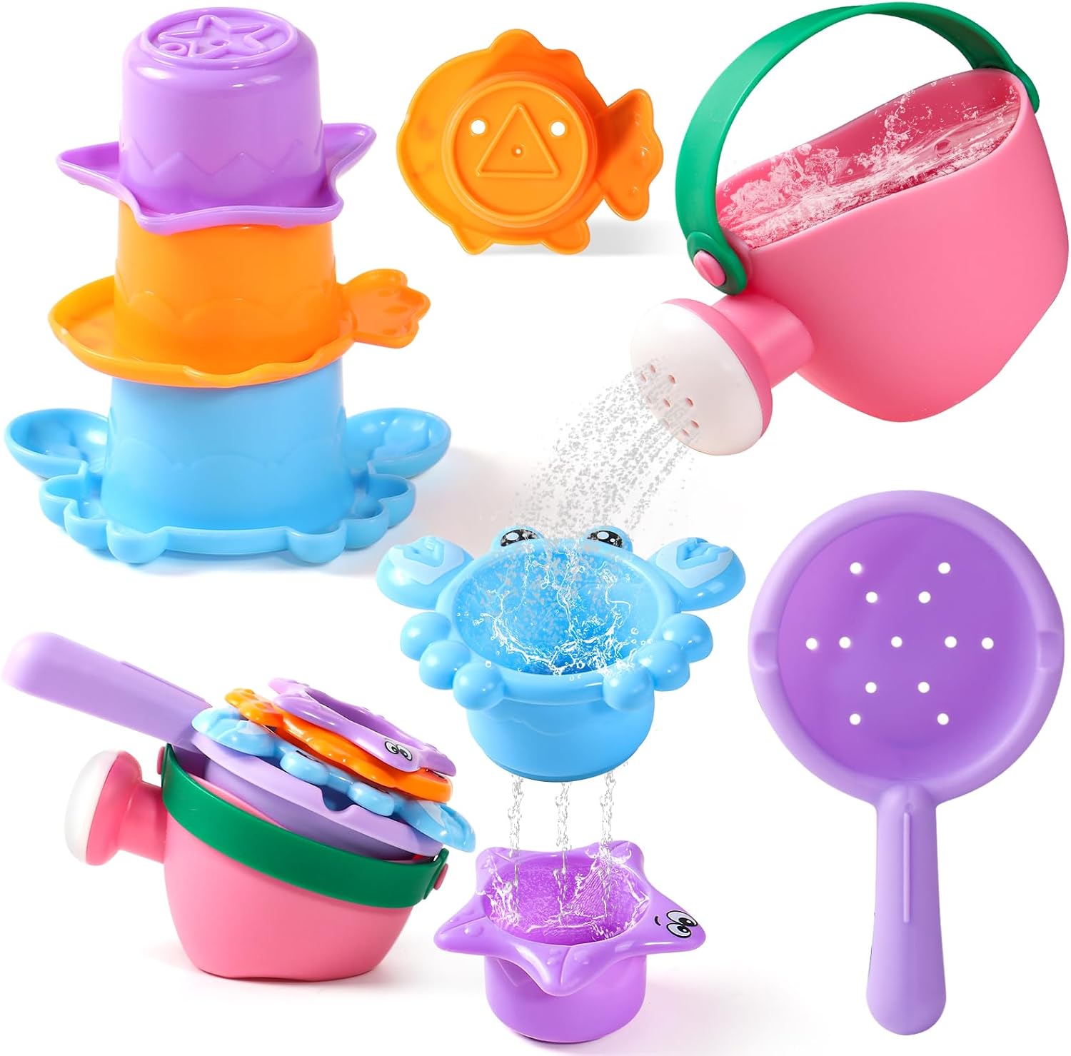 Fajiabao Toddler Bath Toys for Kids Ages 1-3 Stack, Scoop & Pour Set 5PCS