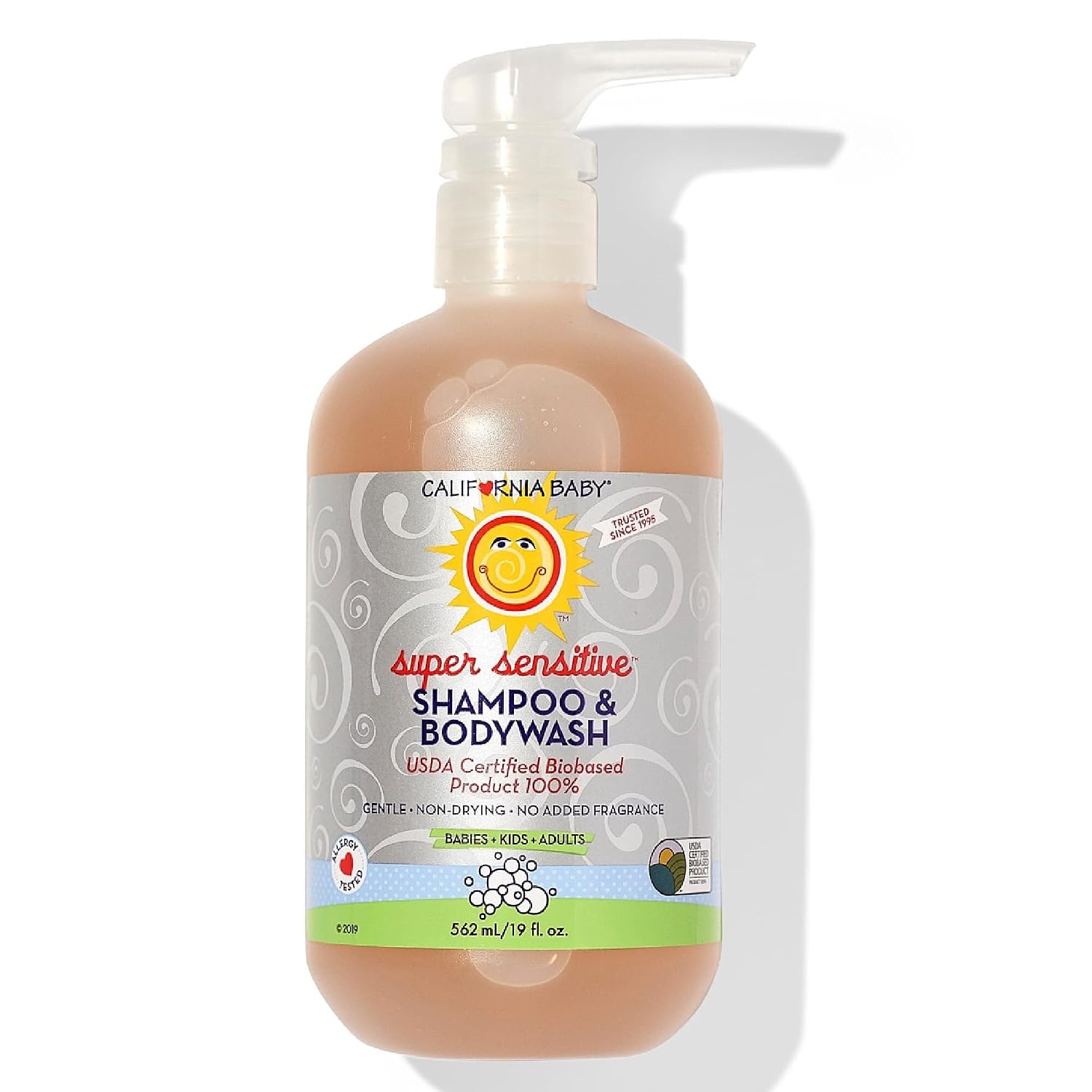 California Baby Super Sensitive Shampoo and Body Wash - Hair, Face, and Body | Gentle, Fragrance Free, Allergy Tested | Dry, Sensitive Skin, 19 Ounces