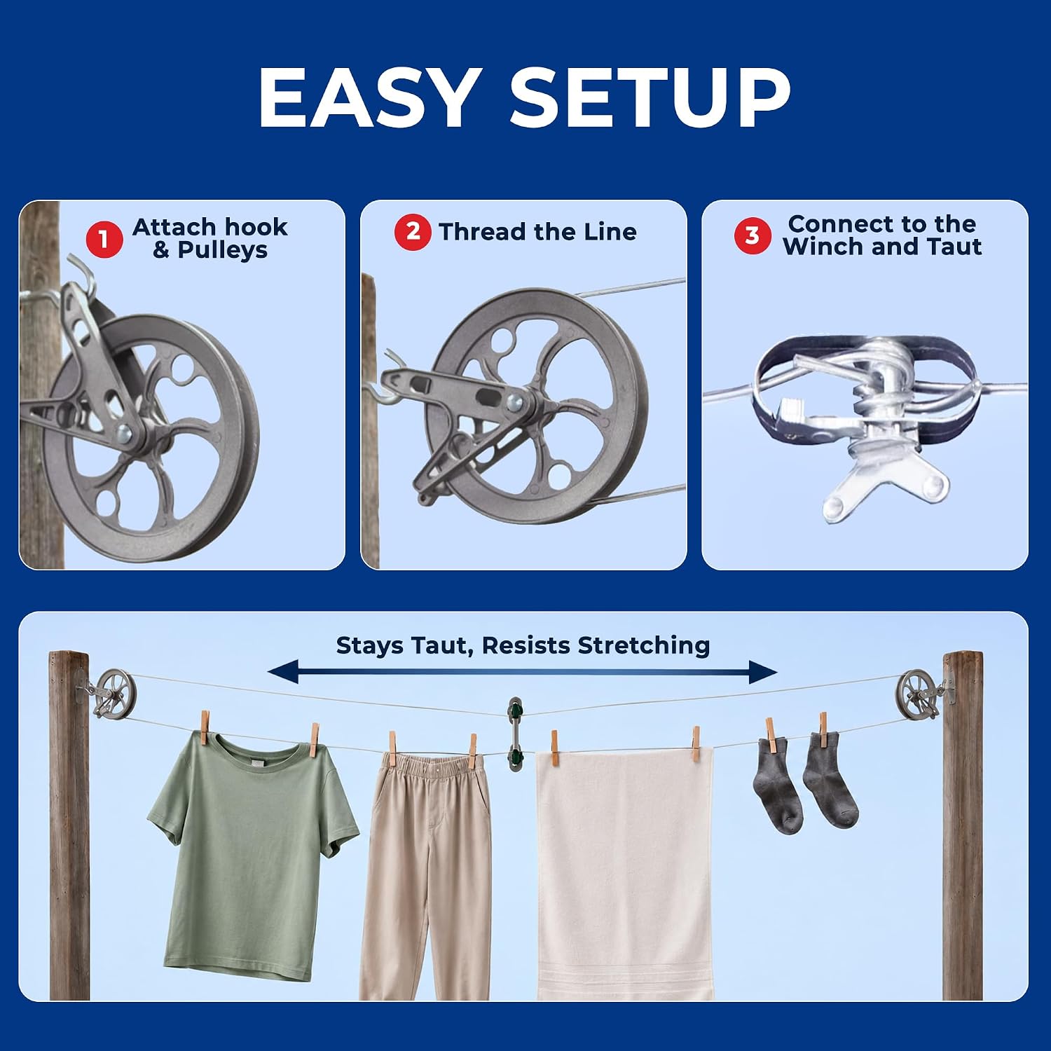 STRATA Heavy-Duty Clothesline Kit, 150ft Steel Cable, Premium Metallic