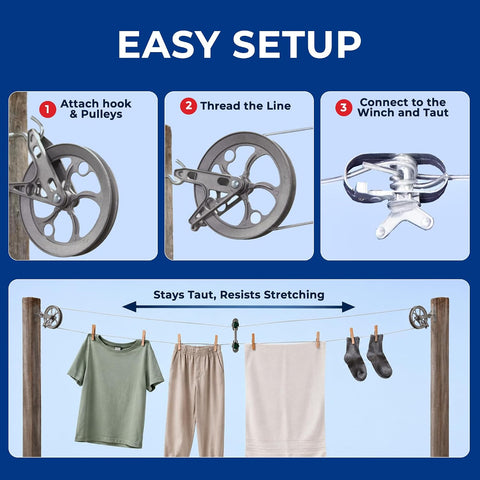 STRATA Heavy-Duty Clothesline Kit, 150ft Steel Cable, Premium Metallic