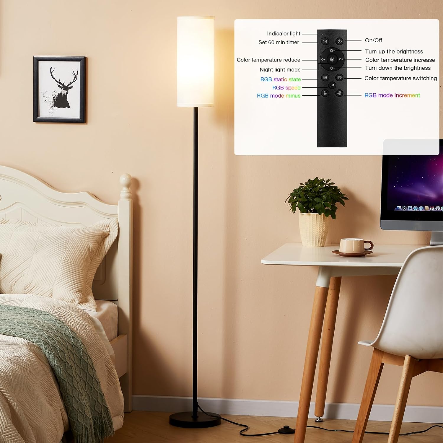 Ambimall 64'' Floor Lamps for Living Room with Remote Control and RGB + Stepless Dimmable Colors Temperature & Brightness, 9W Smart Bulb Included(White Shade & Black Pole)