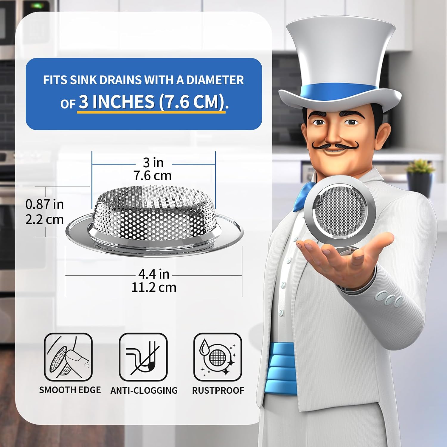 MR.SIGA Kitchen Sink Strainer, Stainless Steel Sink Drain Strainer, 3 Pack
