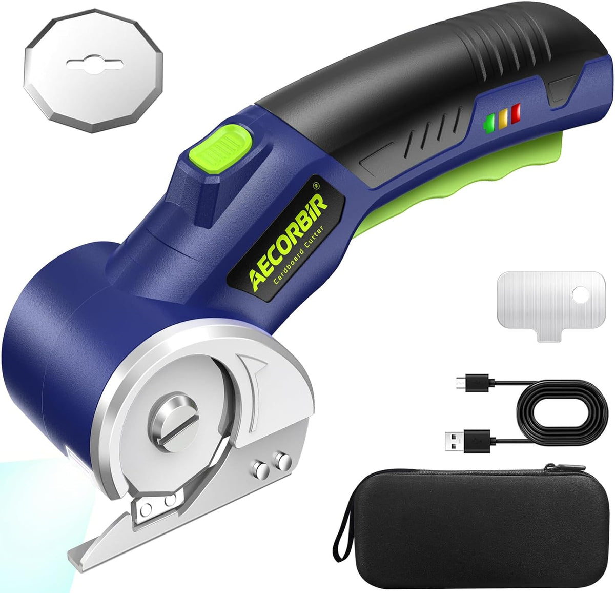 Cordless Electric Scissors: 4V Rechargeable Rotary Cardboard Cutter, 3000mAh Battery, with LED Light & Safety Lock, 2 Blades, Electric Box Cutter for Fabric Carpet Carton Plastic Leather Cloth (BLUE)