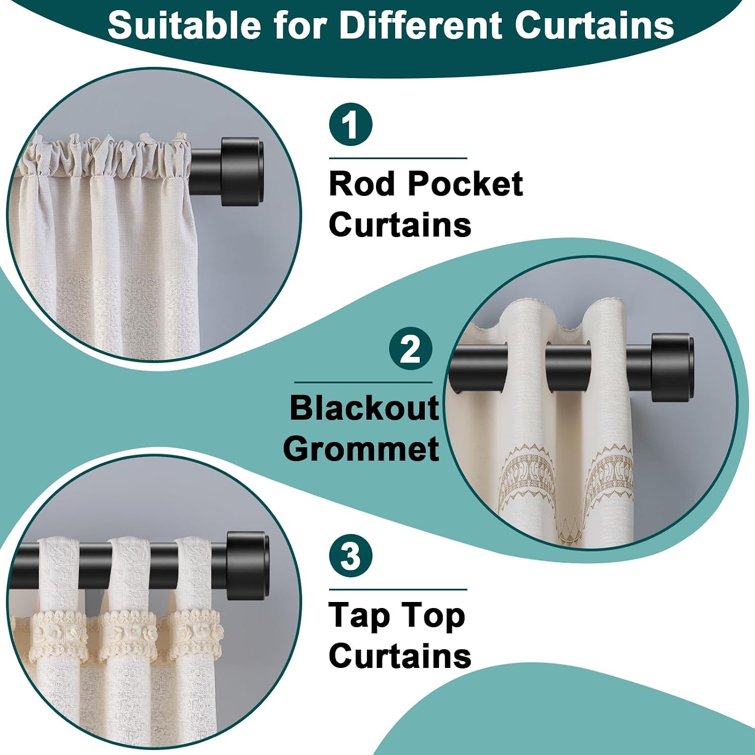 Curtain Rods 18-60 Inch, 1" Heavy Duty Adjustable Curtain Rod for Windows, Black Window Treatment Rod, Modern Design, Easy Installation