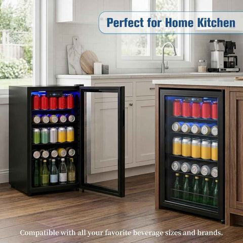 3.2 Cu.ft Beverage Refrigerator, 130 Can Wine Soda Beer Fridge with Glass Door and Digital Temperature Control, Undercounter Drink Cooler for Office Home Bedroom Dorm Bar