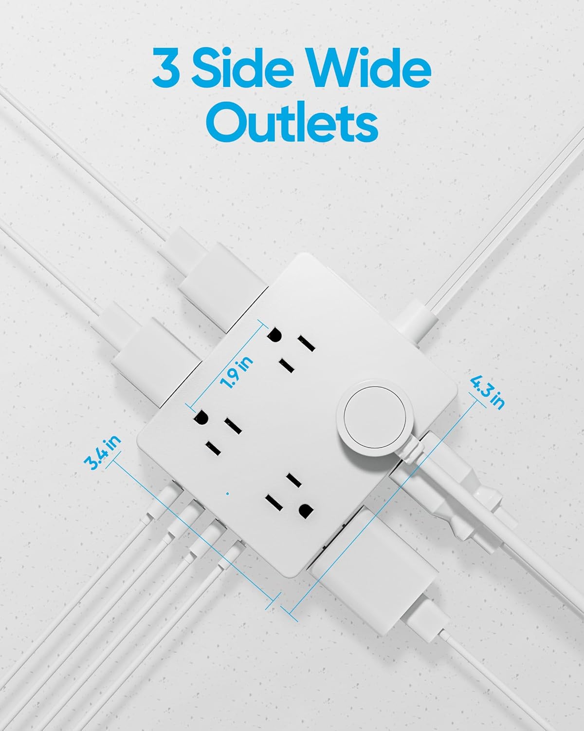 Olcorife Flat Plug Power Strip with 10 FT Extension Cord, 8 Outlets 4 USB Ports(1 USB C), 3 Sided Outlet Extender for Home Office Travel Dorm Room Essentials, White