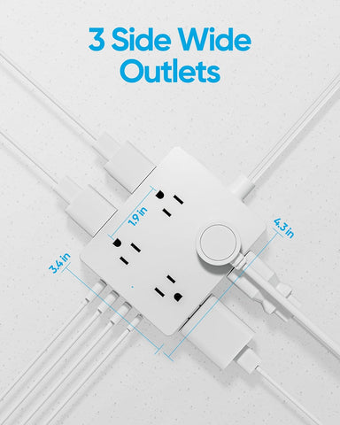 Olcorife Flat Plug Power Strip with 10 FT Extension Cord, 8 Outlets 4 USB Ports(1 USB C), 3 Sided Outlet Extender for Home Office Travel Dorm Room Essentials, White