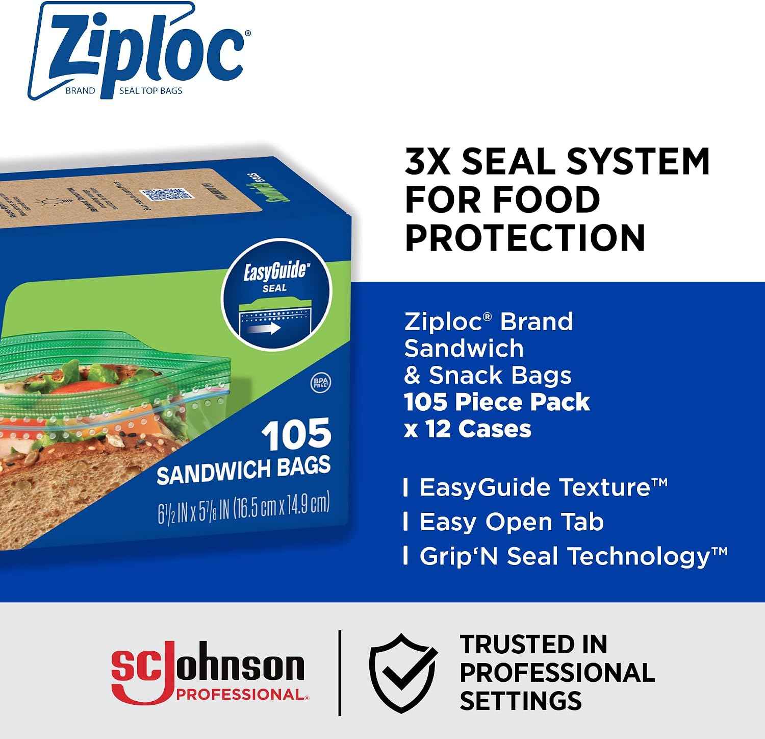 Ziploc Sandwich and Snack Bags, Easy Open and Close, Plastic Food Storage Bags, 105 Bags Total (Packaging May Vary), Pack of 12