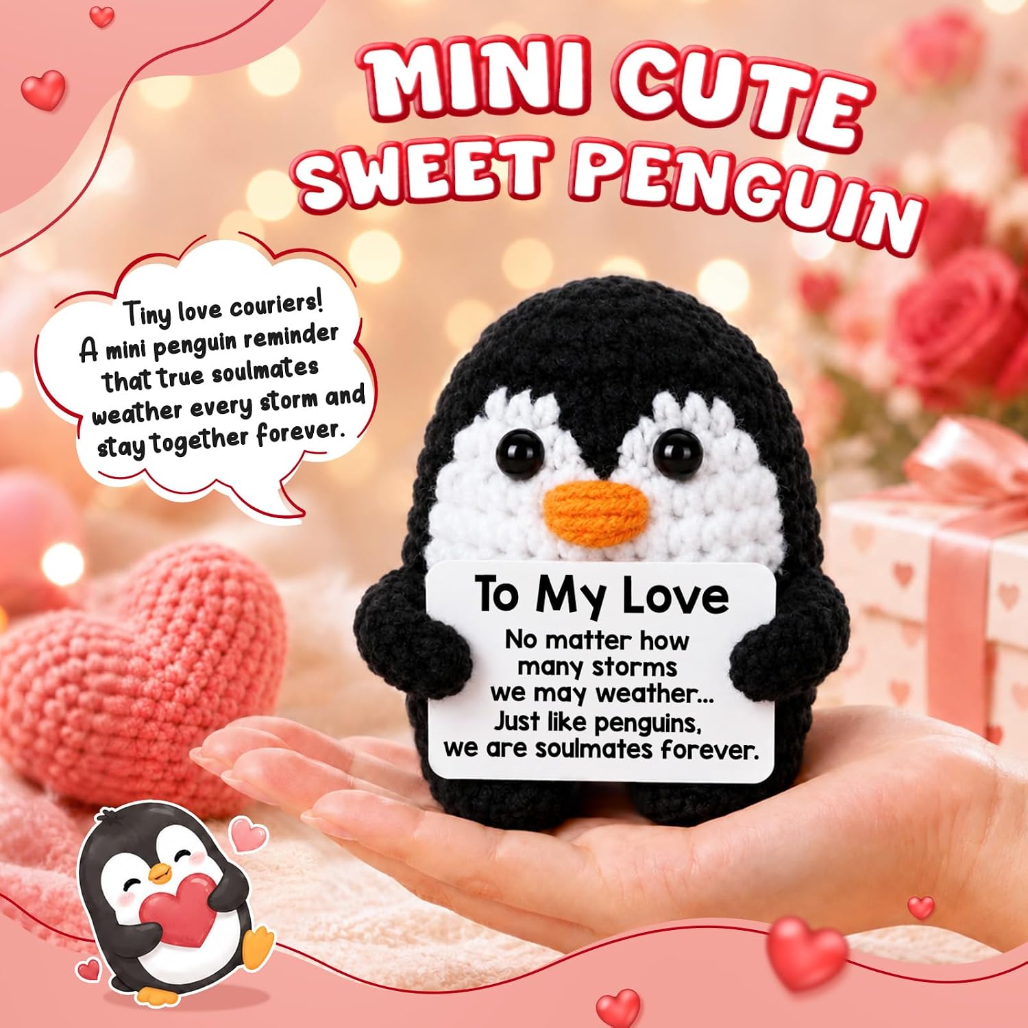Gifts for Him Her Boyfriend Girlfriend, To My Love Handmade Crochet Mini Penguin Anniversary Birthday Gifts for Women Men, Romantic Valentines I Love You Gifts for Wife Husband Couples Christmas