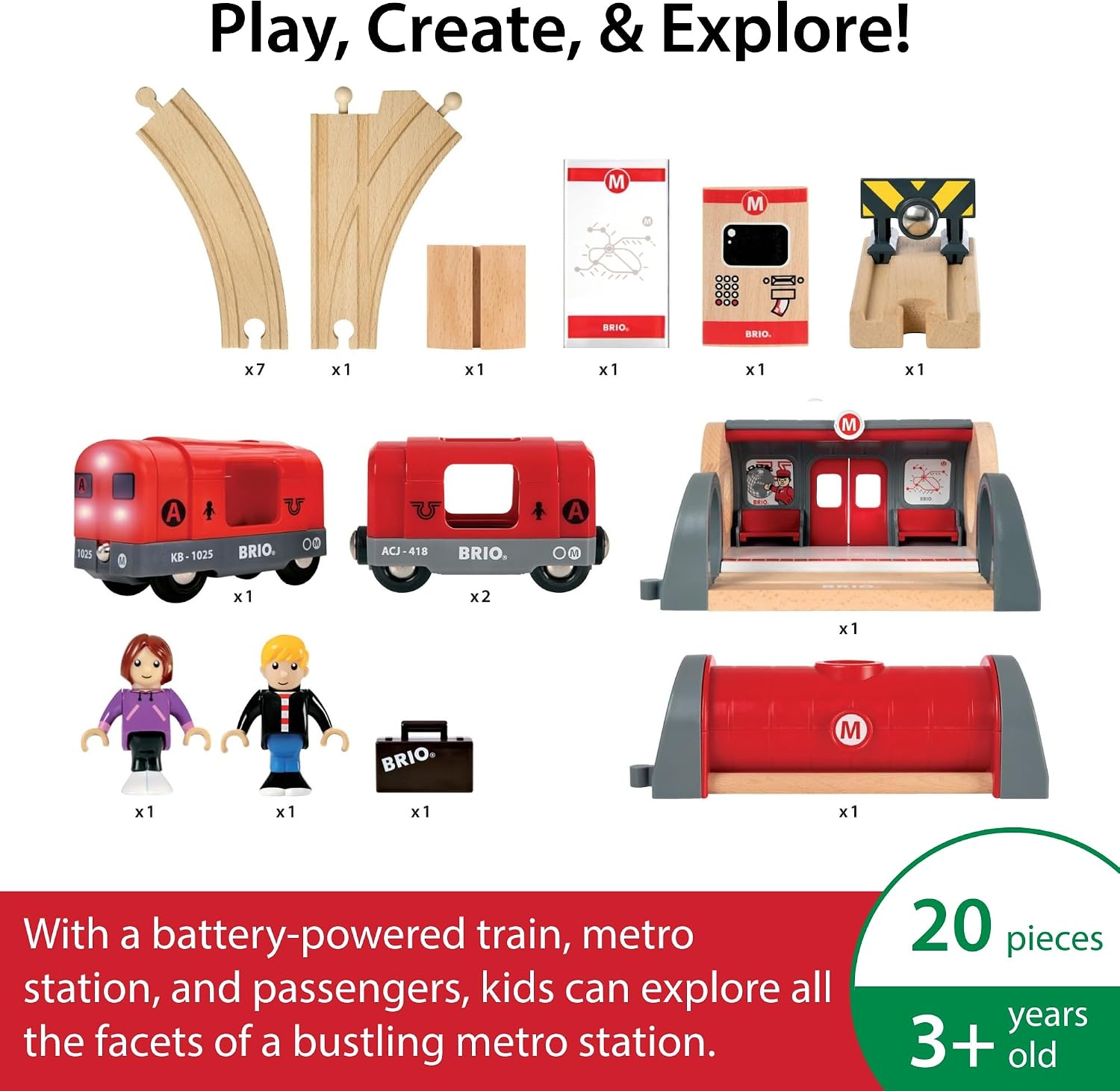 BRIO Metro Railway Set - 20-Piece FSC-Certified Wood Set & Accessories - Train Engine with Light & Sound, Kiosk, Wooden Tracks & More - Works with All BRIO Train Sets - Kids Ages 3 & Up