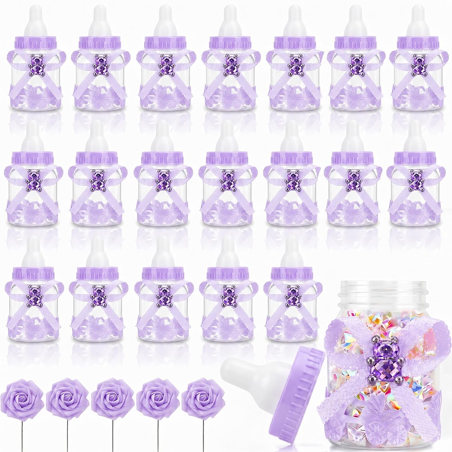 24Pcs Baby Bottle Candy Boxes 3.5" +5 Artificial Roses Baby Shower Favors