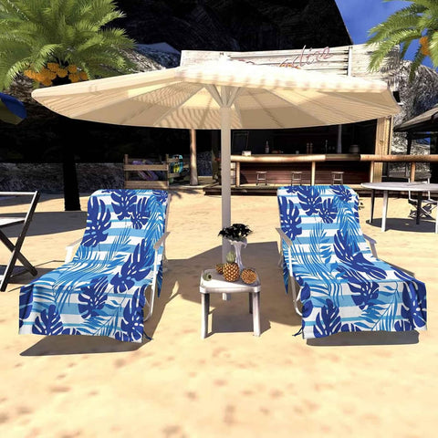 Mrcrypos Lounge Chair Towel Cover,Navy Blue Art Summer Tropical Leaves Striped Chaise Lounge Cushion Cover,Beach Chair Covers with Pockets Pack of 2 for Pool Garden Outdoor Trips,82.6"X29.5"