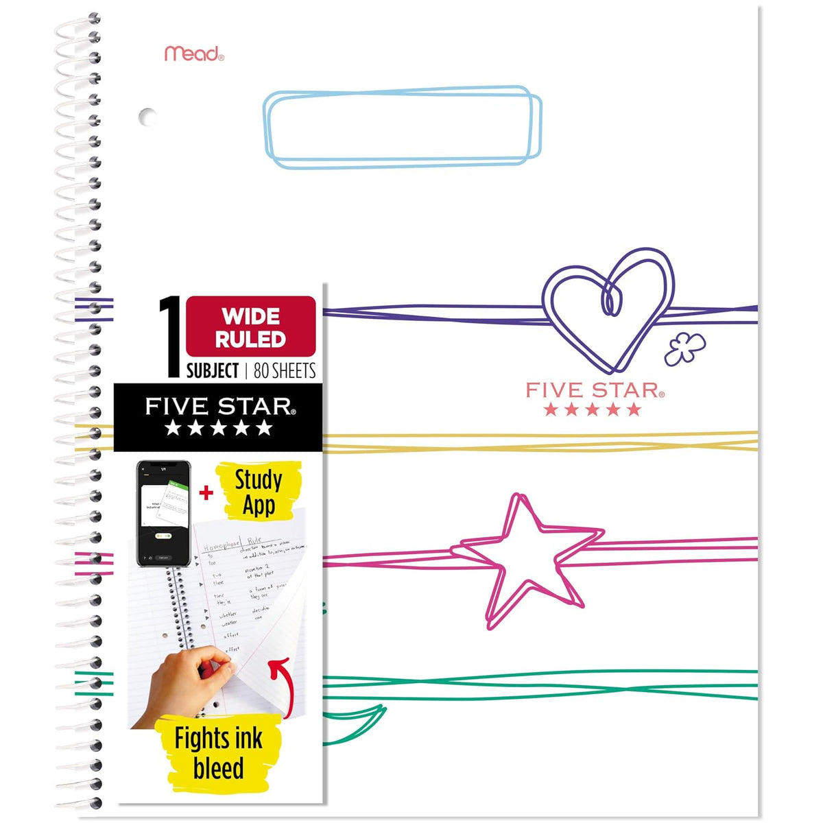 Five Star Spiral Notebook + Study App, 1 Subject, Wide Ruled, 8" x 10-1/2", 80 Sheets, Fights Ink Bleed, Water Resistant Cover, Pastel Doodles (930212F-ECM)