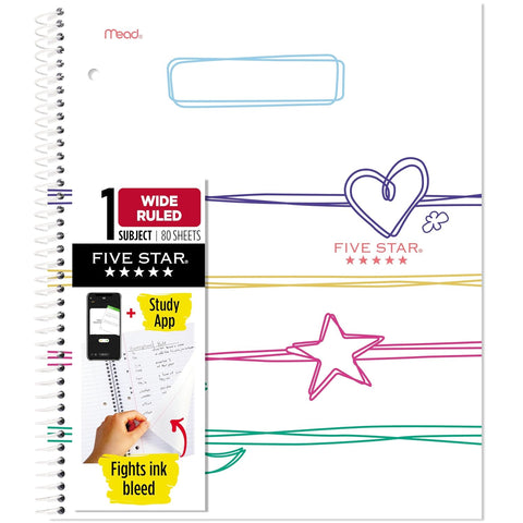 Five Star Spiral Notebook + Study App, 1 Subject, Wide Ruled, 8" x 10-1/2", 80 Sheets, Fights Ink Bleed, Water Resistant Cover, Pastel Doodles (930212F-ECM)