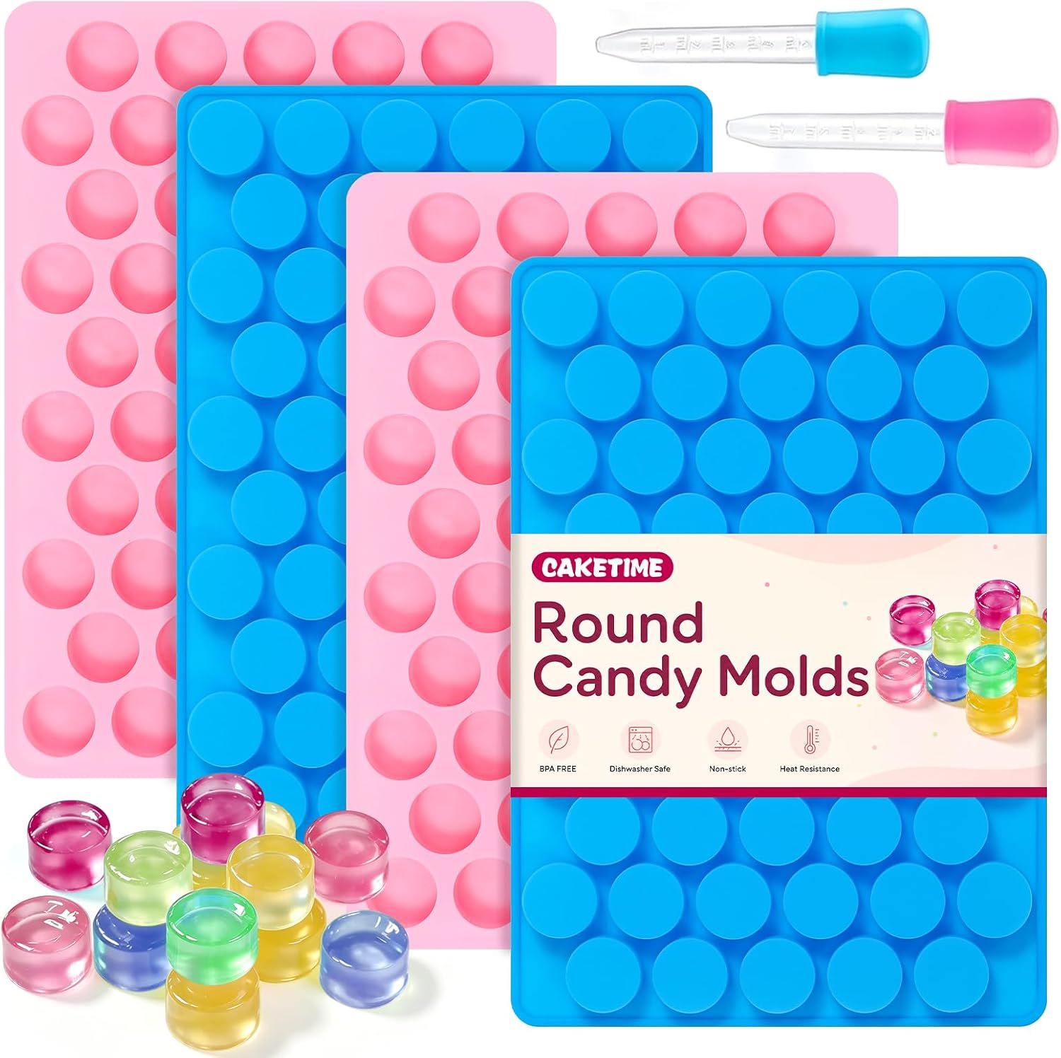 4 PCS Silicone Gummy Candy Molds, 55 Cavities Non-Stick Round Molds