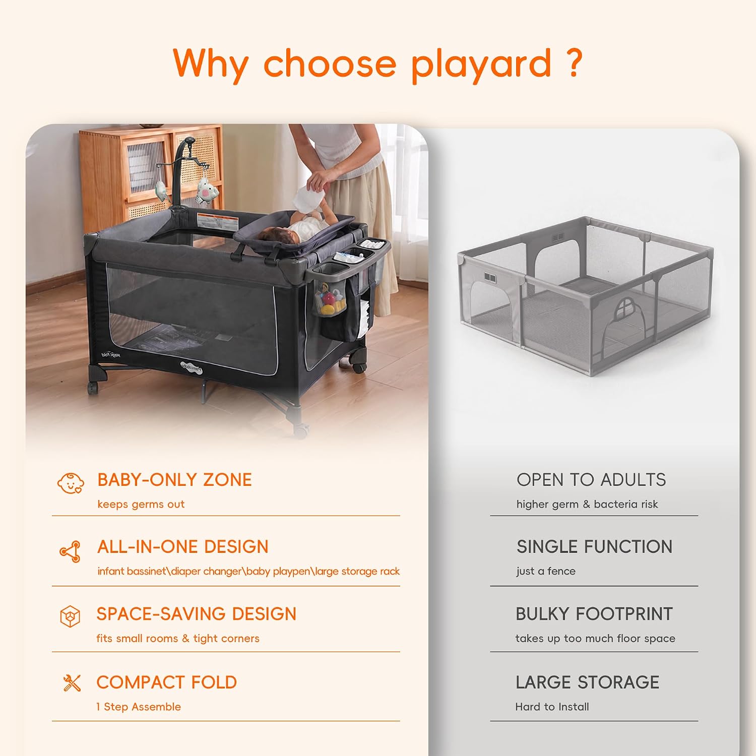 Pamo Babe Pack and Play with Bassinet Magic Fold Playard 1 Step Set Foldable Playpen Baby Playard with Changing Table Portable Playpen Grey