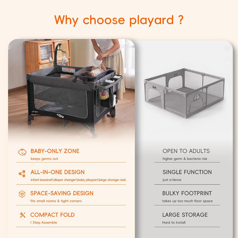 Pamo Babe Pack and Play with Bassinet Magic Fold Playard 1 Step Set Foldable Playpen Baby Playard with Changing Table Portable Playpen Grey