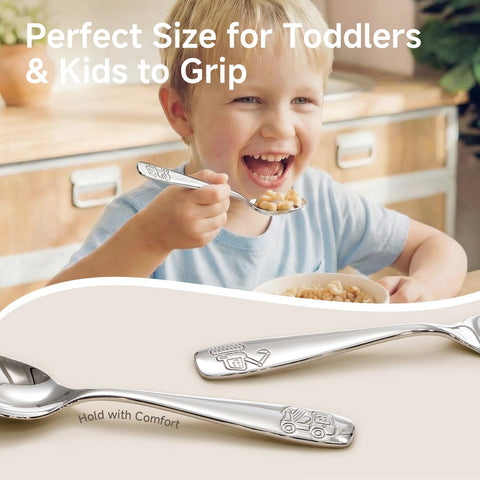KINGSTONE 12 Pieces Kids Silverware Set, 18/10 Stainless Steel, Dump Truck