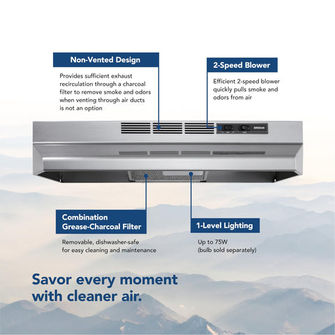 Broan-NuTone 4124SF Inch, 24", Stainless PrintGuard Fingerprint Resistant Ductless Under-Cabinet Range Hood, Stainless Steel Finish