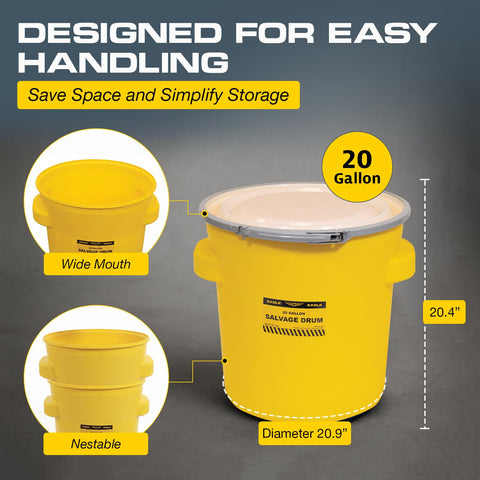 Eagle Plastic Drum, 20 Gallon Drum, DOT Compliant, Made in USA, Yellow