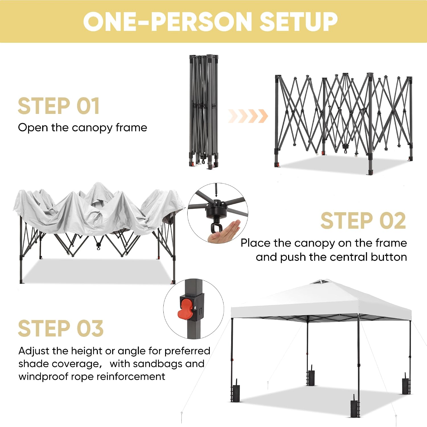 GDY 10x10 Pop Up Canopy Patio Carpas, One Push Set up with Central Lock Canopy with Hand Carry Bag, Included 4 Sandbaogs,8 Stakes and 4 Ropes, White