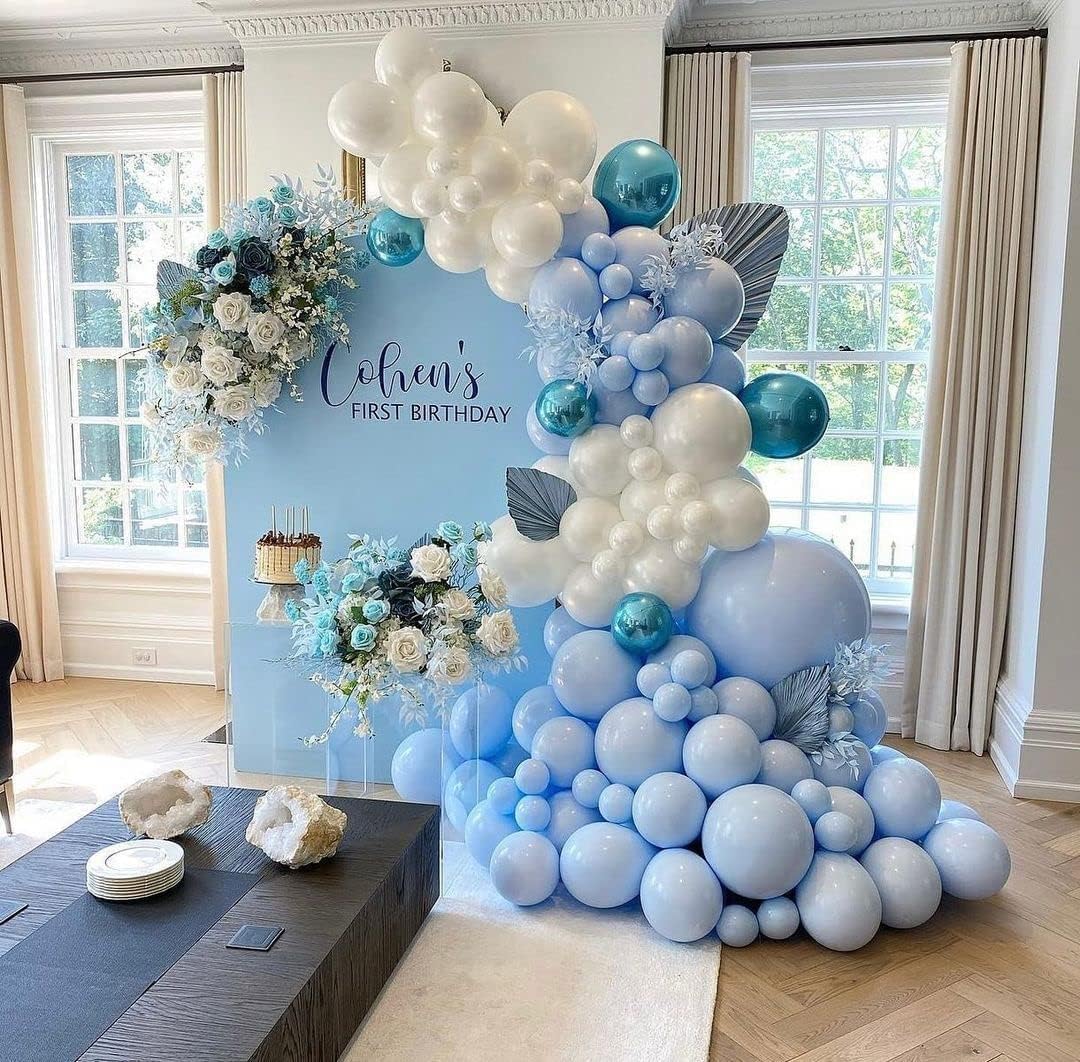 Blue and White Balloon Arch Kit, ADOINBY 140Pcs Pastel Light Blue and White Balloon Garland kit, 18 12 10 5 Inch Different Size Balloons for Baby Shower Birthday Gender Reveal Anniversary Decorations