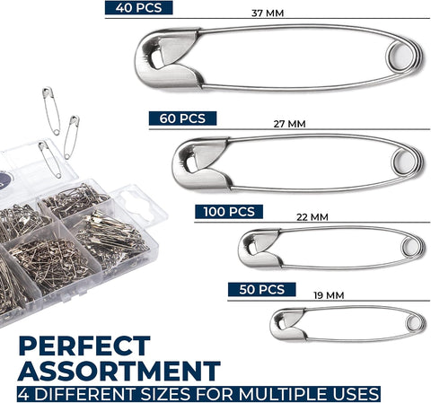 250 Pack Safety Pins by Luxurecourt, 4 Assorted Sizes of Durable, Silver Small and Large Safety Pins Bulk, Rust-Resistant Nickel Plated Steel, Sharp Edge Pins for Clothes, Sewing, Arts & Craft