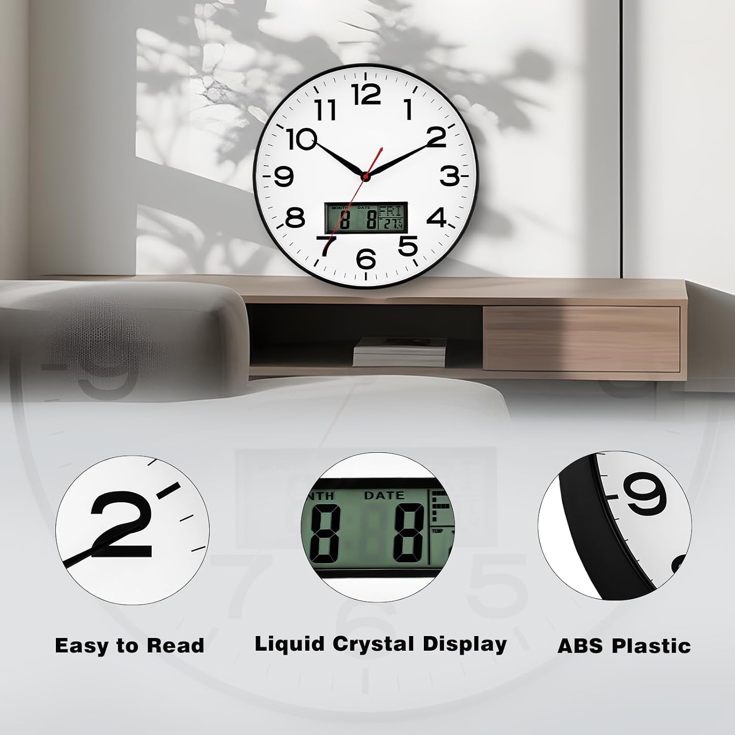 AKCISOT 12 Inch Wall Clock, Silent Battery Operated Analog Clock, Black