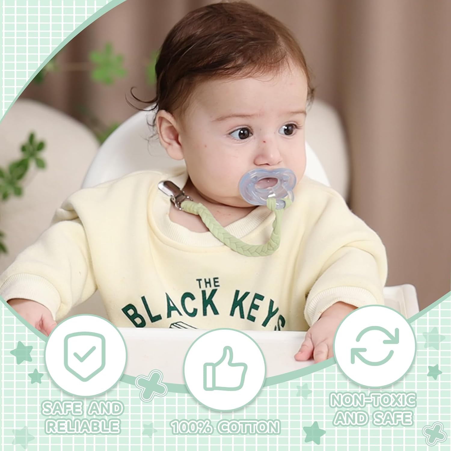 4 Pcs Pacifier Clip, Pacifier Clips for Boys & Baby Girls Pacifier Holder Clip Binky Clips Braided 100% Handmade Fits All Pacifiers(Green, 4 Pack)