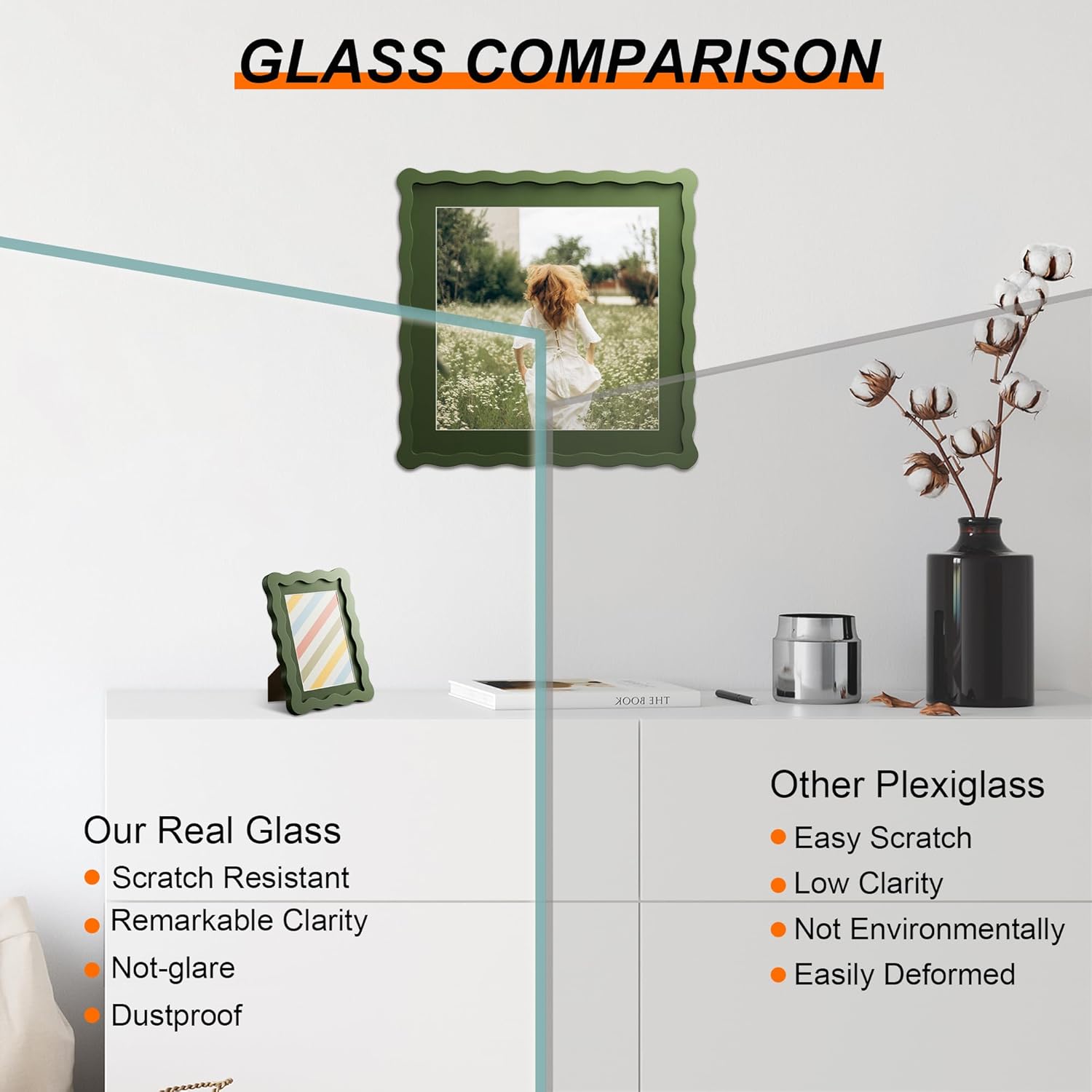 10x10 Picture Frame with Mat for 8x8, Wavy Edge Wooden Real Glass Photo Frame for Tabletop and Wall Hanging, Green, 1 Pack