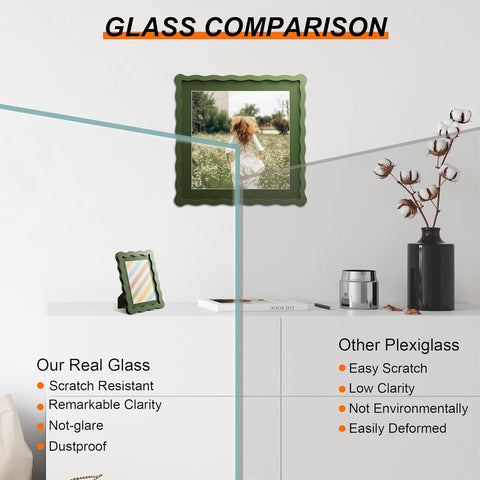 10x10 Picture Frame with Mat for 8x8, Wavy Edge Wooden Real Glass Photo Frame for Tabletop and Wall Hanging, Green, 1 Pack