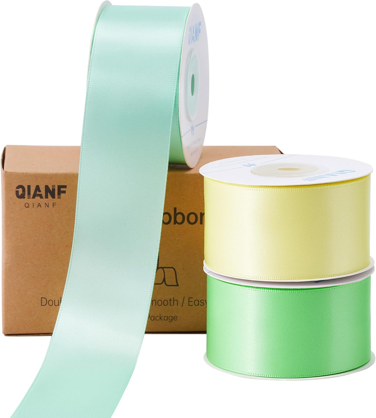 QIANF 1-1/2 Inch Baby Maize Double Face Satin Ribbon 45 Yards Mint Green Fabric Ribbon for Gift Wrapping, Flower Bouquets, Hair Bows, Wedding Decoration, Invitation Cards, Christmas (3 Rolls *15Yd)