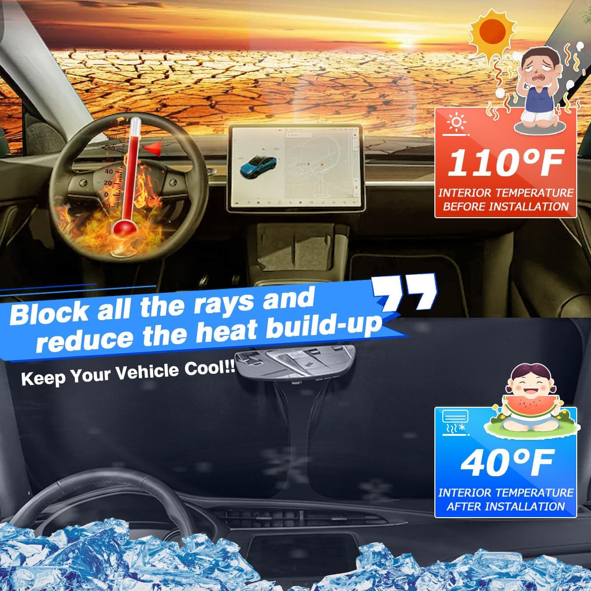 Canvcle Windshield Sun Shade for 2022-2025 2026 Rivian R1T/R1S Truck Accessories Thicken 6-Layer Front Window Sunshade Cover Sun Visor Protector Foldable Block UV Rays Keep Vehicle Cool