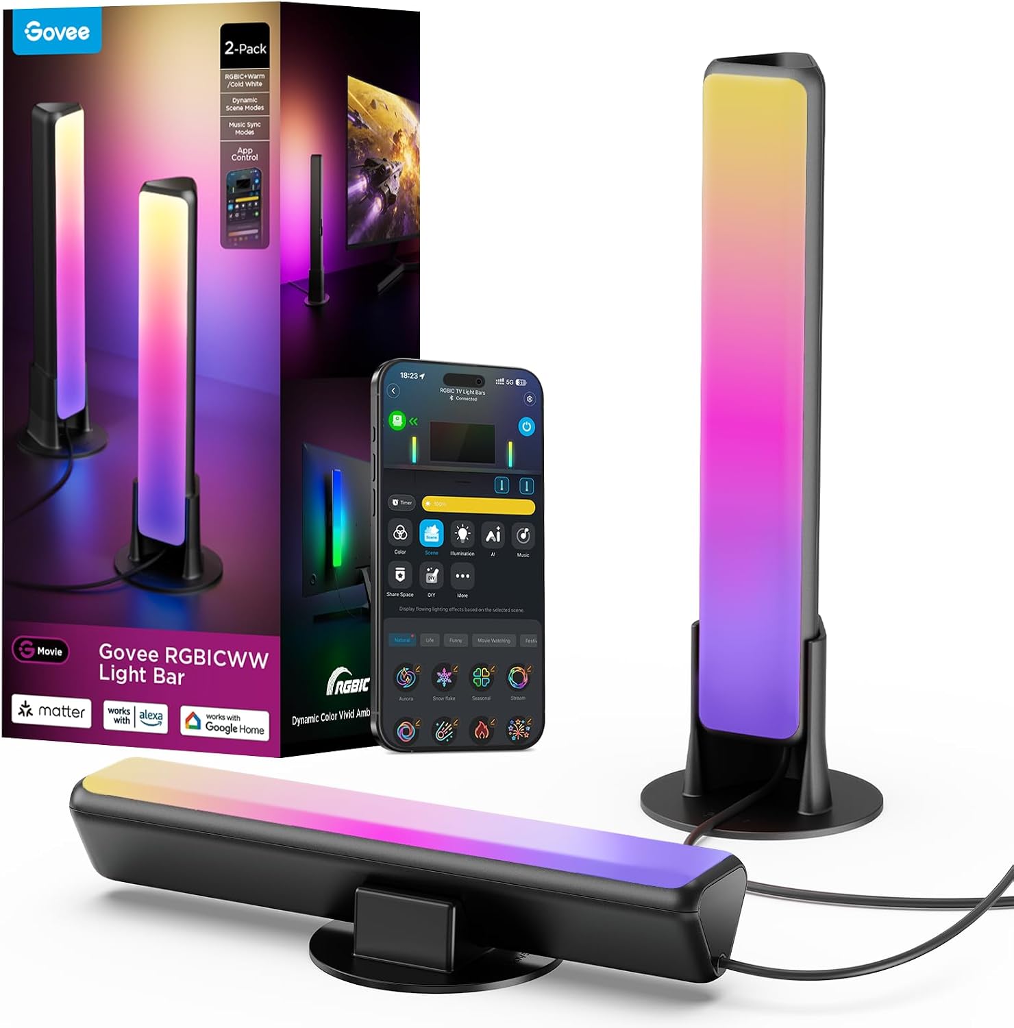 Govee Smart Light Bar, RGBICWW TV Lights for Living Room, Gaming, Black