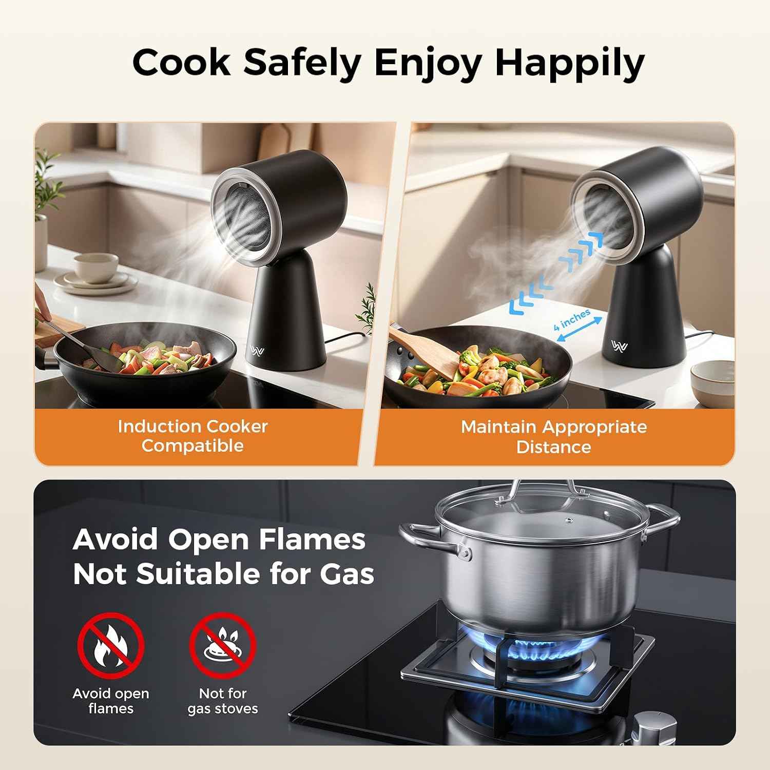 Portable Range Hood with Light, Desktop Kitchen Exhaust Fan with Water Washing Self-Cleaning Mode, 12° Adjustable Head, 3-Speed, Low Noise, Ideal for Apartment, RV, Indoor Hot Pot and BBQ (Black)