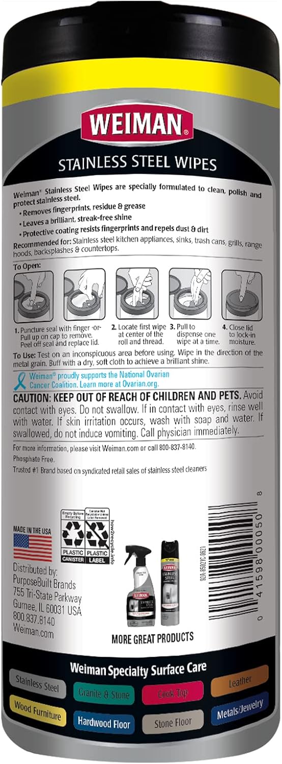 Weiman Stainless Steel Cleaner Wipes (4 Pack) Removes Fingerprints, Residue, Water Marks and Grease from Appliances - Works Great on Refrigerators, Dishwashers, Ovens, and Grills
