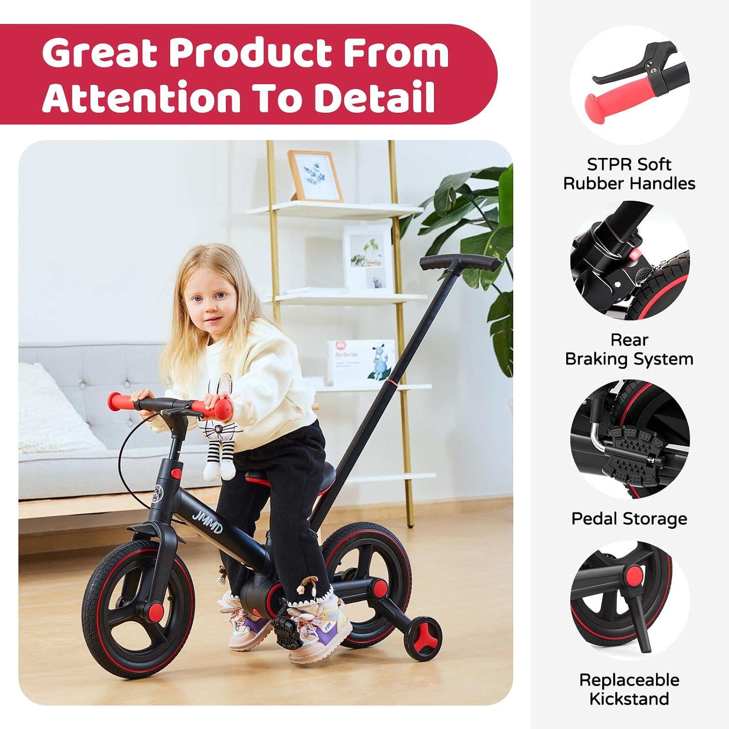 JMMD 6 in 1 Toddler Bike with Push Handle for Kids 18-60 Months, 12" Foldable Balance Bike with Training Wheels, Pedals, Brakes, Kickstand, Push Tricycle Toddler Gift & Toys for Boy & Girl