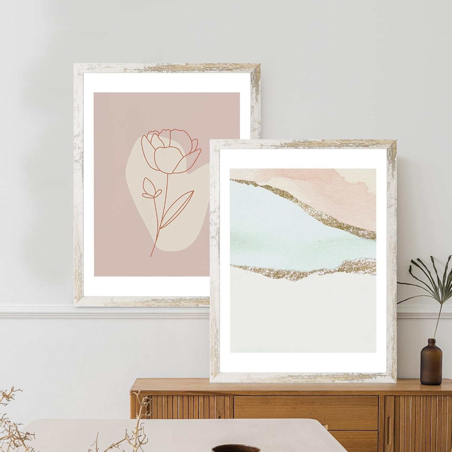 Hongkee 24x30 Frame Set of 2, Distressed White Wood Style - Display 18x24 Picture Frame with Mat or 24 x 30 Poster without Mat, Wall Mounting Horizontal and Vertical