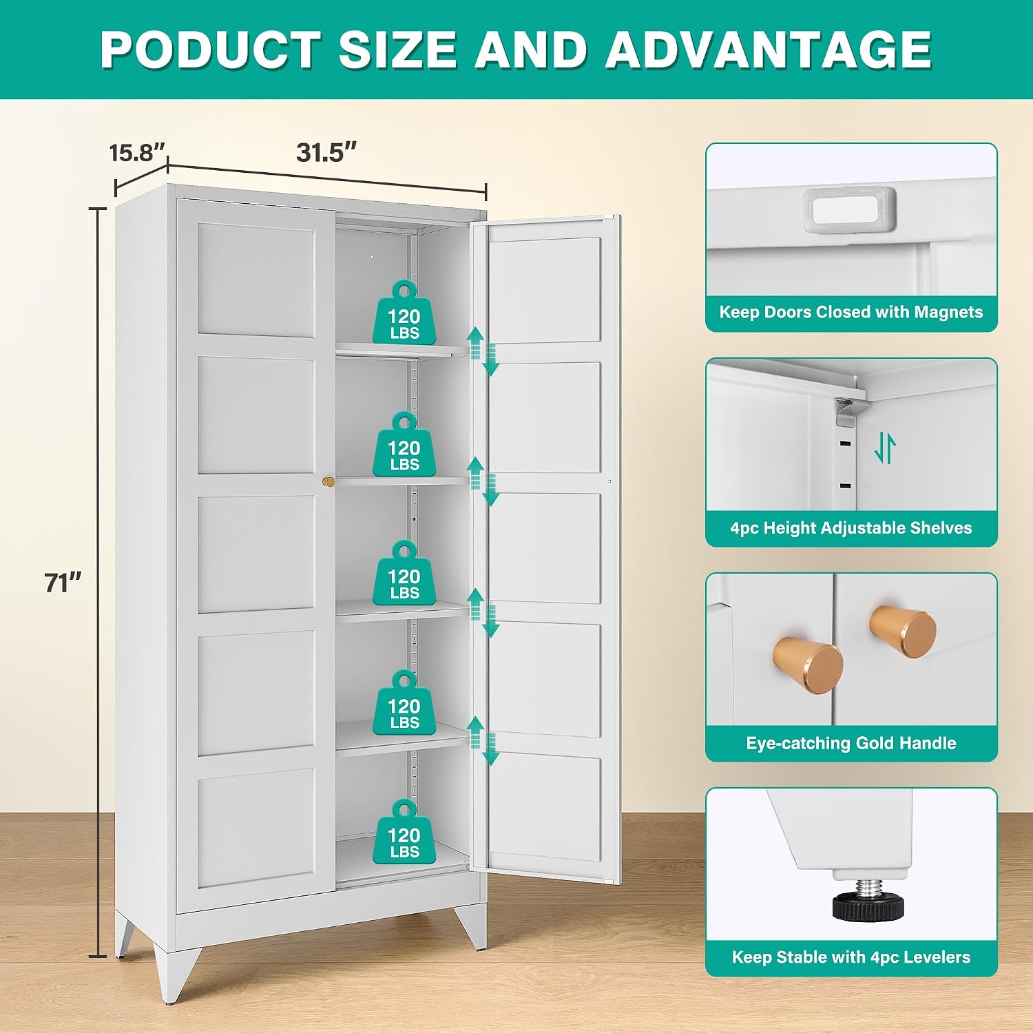 SISESOL Pantry Storages Cabinet with 2 Doors and 5 Shelves,Tall Storage Cabinet,Large Cupboard Closet,Metal Storage Cabinet for Home,Bathroom,Dining/Living Room (White, 71" H)